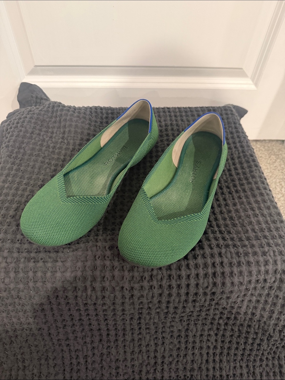 Rothy's Green Knit Flats with Blue Trim